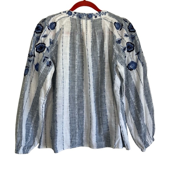 New Directions Embroidered Boho Split Neck Peasant Blouse Blue White Tassels XL - Picture 7 of 16